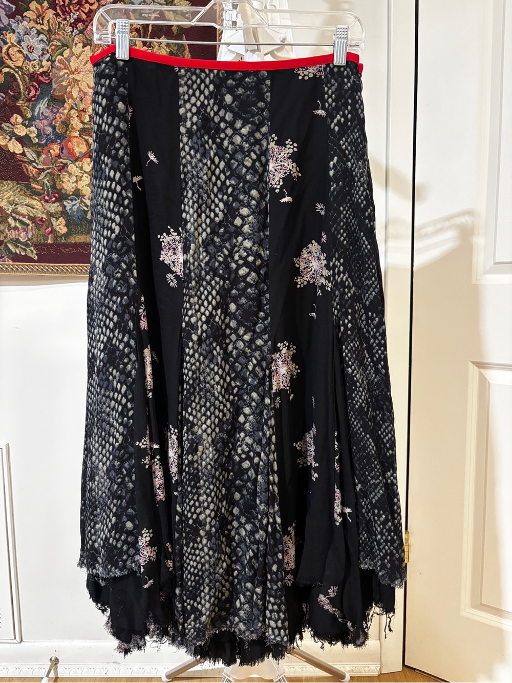 Free People Size 10 Maxi Skirt Snakeskin Floral Print Asymmetrical Raw Hem